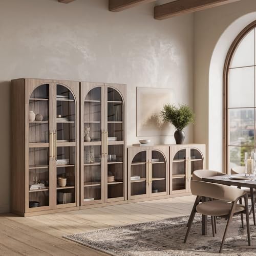 BELLEZE 67" Storage Cabinet Set of 2, 6 Shelf Glass Bookshelf Display Cabinet, Modern Wood Wine Curio Cabinets with 4 Adjustable Shelves, Trophy Display Case for Living Room, Wine, Camel - Image 5