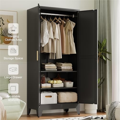 Baborokic Metal Armoire Wardrobe Closet with Hanging Rod,71H Metal Cabinet with Doors and Shelves,Freestanding Bedroom Armoire Closet,Storage Cabinets for Bedroom,Office,Laundry Room(Black) - Image 5