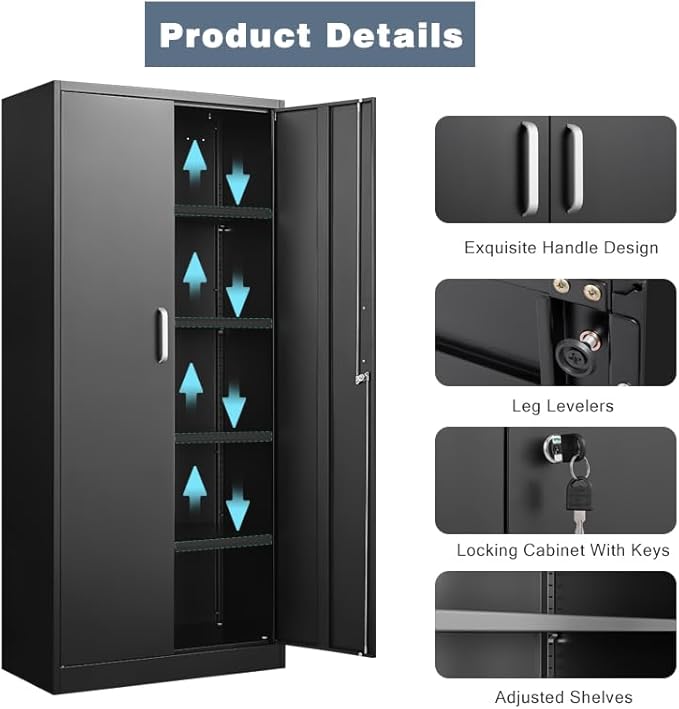 Metal Storage Cabinet with Adjustable Shelves, Garage Cabinet with 2 Lockable - Image 4