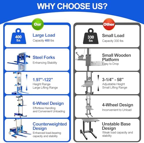 Material Lift Winch Stacker, 400 lbs Capacity, 122" Lift Height, Counterbalance Straddle Hand Winch Lift Truck, Material Lifts for Warehouse, Factory, Library, 46"L x 43"W - Image 3