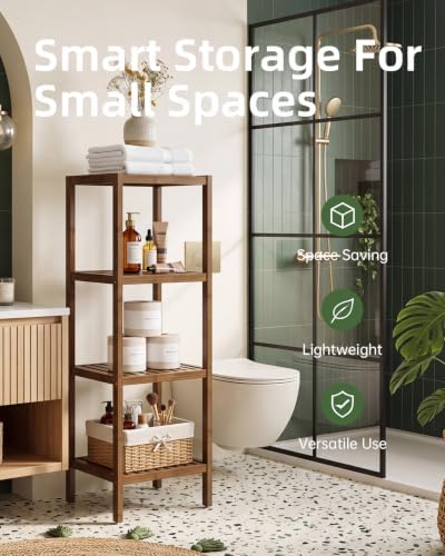 SMIBUY Bathroom Storage Shelf, 4-Tier Bamboo Rack Organizer, Multifunctional Shelving Unit for Living Room Bedroom Kitchen (Walnut) - Image 3