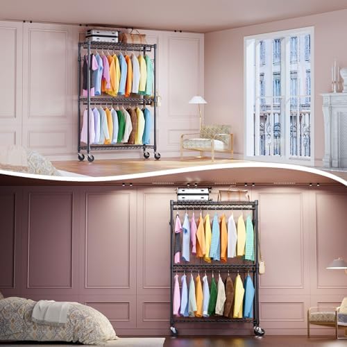 IZEUK Heavy Duty Rolling Garment Rack Wire Clothes Rack for Hanging Clothes (Black, 3 Tier with 2 Rod, 15.7" D x 45.3" W x 79.6" H) - Image 2