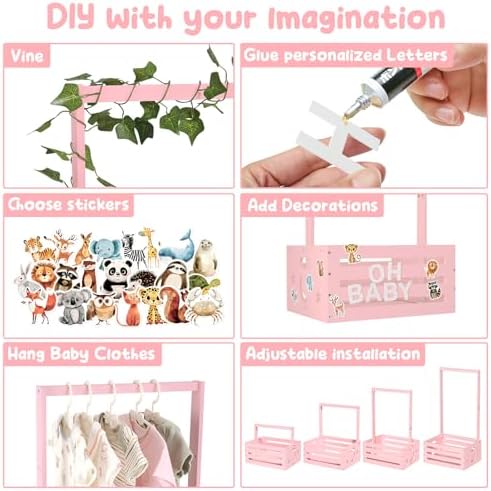 Large Baby Shower Gifts Basket Wooden Crate, Personalized Wooden Letters Hangers New Born Baby Girl Boy Pregnancy Gifts for New Mom Parents Vine Decorations Cute Closet with Adjustable Handle Pink - Image 5
