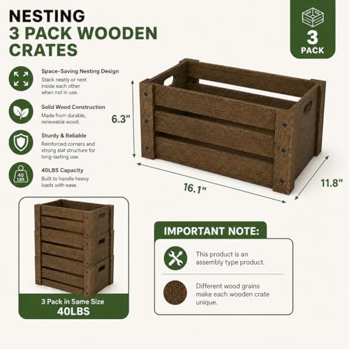 3 Pack Wooden Crates for Display Rustic Handmade Wood Crate for Storage - Image 2