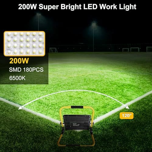 200W LED Work Light, 20000LM 6500K Work Lights on Stand, Portable Work Light, 4M 13.1FT Cord with Plug, IP66 Waterproof Flood Light Construction Lights Worklight for Job Site Repairing Workshop Garage - Image 2