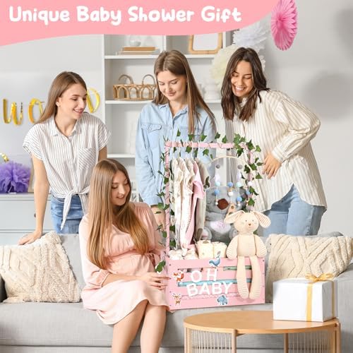 Large Baby Shower Gifts Basket Wooden Crate, Personalized Wooden Letters Hangers New Born Baby Girl Boy Pregnancy Gifts for New Mom Parents Vine Decorations Cute Closet with Adjustable Handle Pink - Image 2