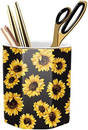 Pen Holder, Pencil Holder for Desk Floral Pattern Pencil Cup for Girls Kids Durable Ceramic Desk Organizer Makeup Brush Holder for Office, Classroom, Home, Sunflower by WAVEYU