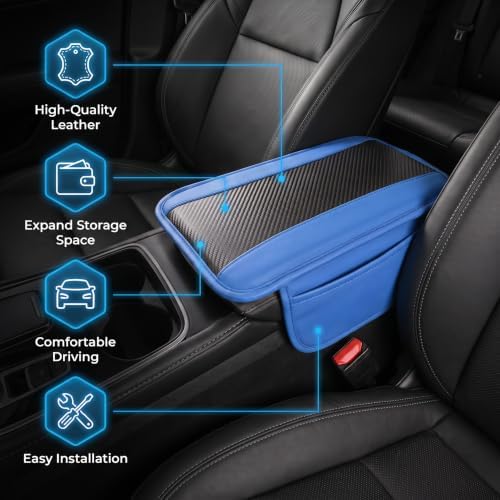 Car Center Console Organizer Cover, Carbon Fiber Texture Leather Armrest Cover with 2 Side Storage Pockets, Anti-Slip Elastic Console Pad, Car Interior Accessories for Most Cars (Blue) - Image 6