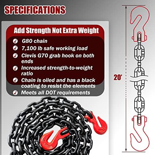 G80 Transport Binder Chain 3/8 Inch x 10 Foot | Tow Chain with Clevis Grab Hooks | 7,100 lbs Safe Working Load | Heavy Duty Chain for Transporting Towing (3/8'' x 10FT (Black)) - Image 4