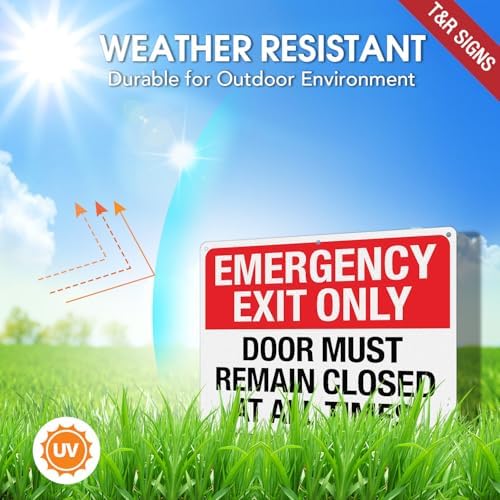T&R Large Emergency Exit Only Sign Door Must Remain Closed At All Times - 2 Pack - 14 x 10 Inches Rust Free .040 Aluminum Reflective - UV Protected, Waterproof, Weatherproof and Fade Resistant - 6 Pre-drilled Holes - Image 3