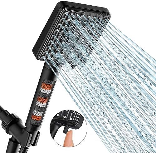 MakeFit Filtered Shower Head Black - 6 Modes High Pressure Handheld Shower Head with Filter Mineral Beads, Detachable Handheld Showerhead Set with Stainless Steel Hose and Shower Arm Bracket by MakeFit