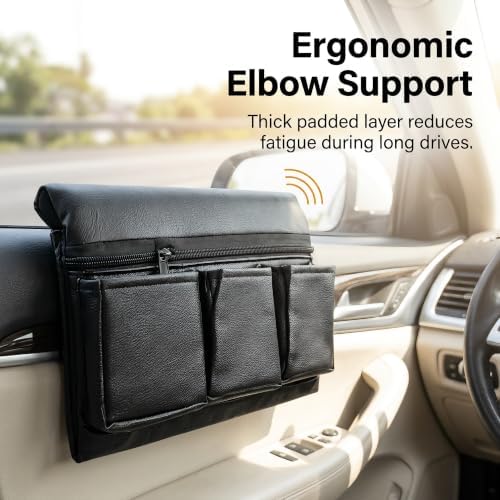 Car Door Window Armrest Storage Organizer, Leather Ergonomic Door Arm Rest Pad with Multi Pocket, Auto Side Door Storage Bag for Phone Keys Small Items, Universal for Most Cars (Black) - Image 4
