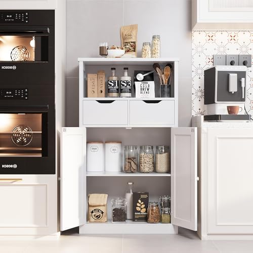 Shintenchi Floor Storage Cabinet, Bathroom Storage Organizer with Doors and Drawers, Freestanding Side Cupboard Pantry with Adjustable Shelf for Bathroom/Kitchen/Livingroom, White - Image 4