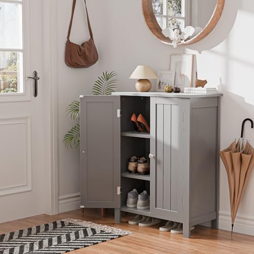 SUPER DEAL Modern Bathroom Floor Storage Cabinet with Adjustable Shelf and Double Door Rust Proof, Living Room Modern Home Furniture Storage Organizer Cabinet, Grey - Image 2