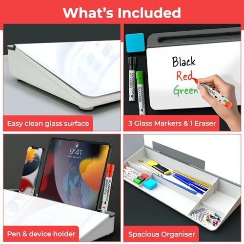 Chalkola Glass Desktop Whiteboard with Storage, Desk Dry Erase Board Buddy - Image 3