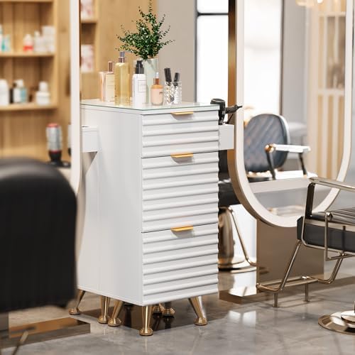 Salon Stations for Hair Stylist, Barber Station with Glass Top & Drawers & Hot Tool Holder, Salon Storage Cabinet Hair Organizer Equipment for Beauty Spa Dresser, White - Image 2