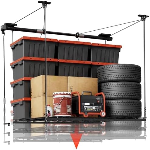 FLEXIMOUNTS Overhead Garage Storage Rack Lift, 4x4 Ft Heavy-Duty Garage Ceiling Storage Racks, Adjustable Organization System With 71'' L Axle, 350lbs Load Capacity, Flat Black by FLEXIMOUNTS