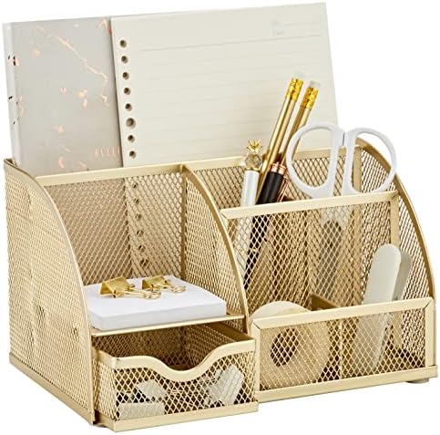 Annova Mesh Desk Organizer Office with 7 Compartments + Drawer/Desk Tidy Candy/Pen Holder/Multifunctional Organizer (Gold) by LivingNecessities