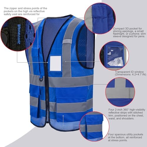 High Vis Safety Vest Reflective Strips, Multi-Pocket Design, Available in Yellow,Orange,black,Pink,blue,Red,purple - Image 2