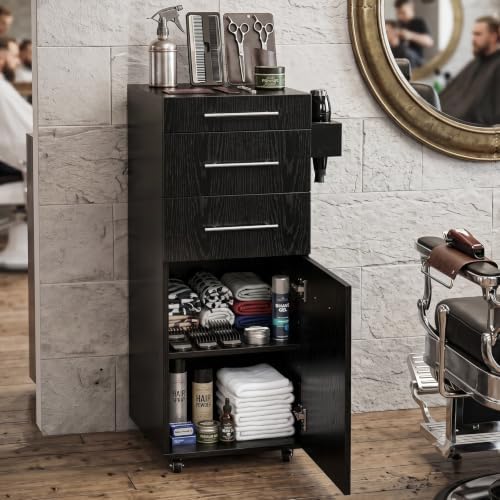 OmySalon Salon Cart with Wheels, Hair Styling Station Trolley with 3 Drawers, Adjustable Shelf & Hair Dryer Holder, Mobile Beauty Cabinet for Barber, Spa, Nail Salon, Black Oak - Image 2