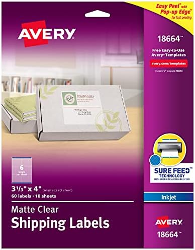 Avery® Matte Frosted Clear Address Labels for Inkjet Printers, 3-1/3" x 4", 60 Labels, 5 Packs (18664) by Avery
