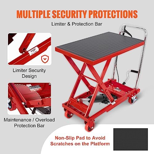 VEVOR TF23 Hydraulic Lift Table Cart, 500lbs Capacity 28.5" with 4 Wheels and Non-Slip Pad, for Material Handling and Transportation, Red - Image 5