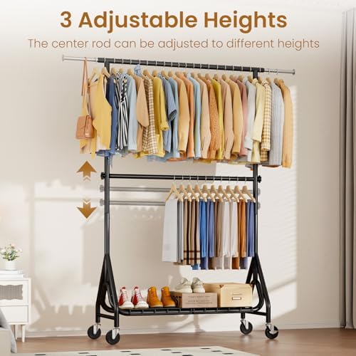 Heavy Duty Clothes Rack for Hanging Clothes, Double Rods Clothing Rack with Lockable Wheels, Rolling Garment Racks with Shelf, Easy to Assemble, Black - Image 2