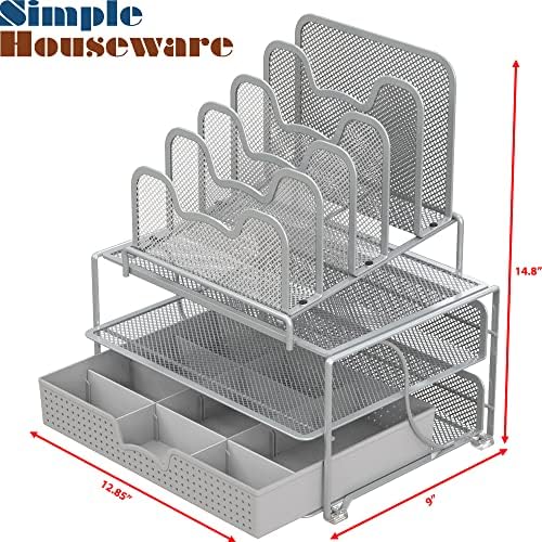 Simple Houseware Mesh Desk Organizer with Sliding Drawer, Silver - Image 4