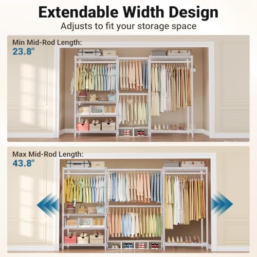 Clothing Rack for Hanging Clothes: Heavy Duty Clothes Rack, 71.5-91" W Expandable Large Closet Storage System with Shelves, 1280 lbs Freestanding Modular Wardrobe Organizer, White, 2PCS - Image 4
