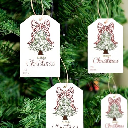 Teling 50 Pcs Christmas Gift Tags with String Red Bow Merry Christmas Tags - Image 5