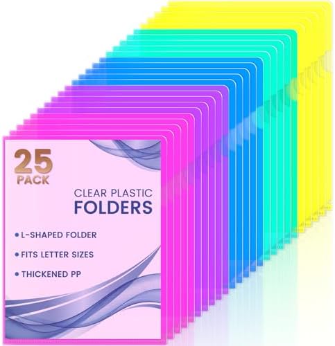Sooez 25 Pack Clear Document Folder Project Pockets, Clear Plastic Folders Letter Size Plastic Document Folders Paper Poly Jacket Sleeves Folders Copy, 5 Assorted Colors by Sooez