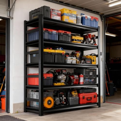 72"H Metal Garage Shelving Unit, Heavy Duty 5-Tier Adjustable Storage shelves, Steel Shelving, 3000 LBS Capacity, Industrial Shelves for Heavy Tools and Equipment, Ideal for Garage, Basement, Black - Image 2