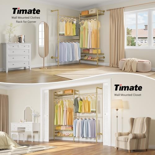 Timate F2 Industrial Pipe Clothes Rack Wall Mounted Clothing Rack for Hanging Clothes, Expandable Garment Rack Heavy Duty Wardrobe Closet Organizer and Storage, Adjustable Industrial Closet Kit, Gold - Image 3