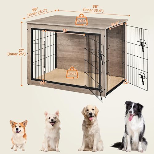 Yaheetech 38in Wooden Dog Crate Furniture w/Cushion for Medium Dogs, Gray - Image 3