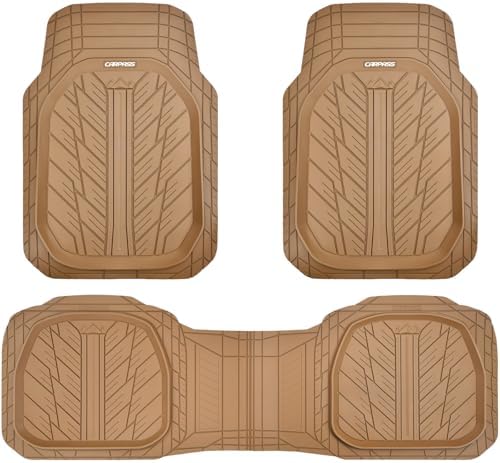 CAR PASS Tire Tread DeepDish Rubber Floor Mats for car Heavy Duty car mats All Weather, Universal XL~M Trim to Fit for Truck SUV Vehicle Automotive, Waterproof car mats 3 piece Solid Beige by CARPASS