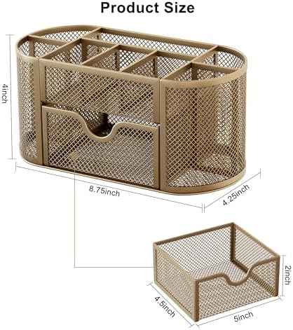 EasyPAG Mesh Pen Holder Desk Organizer with Drawer Stationery Supplies Organizer for Dorm School 9 Compartments Workspace Desk Accessories Organization for Office, Gold - Image 7