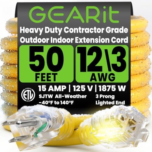 GEARit 50 Ft 12 Gauge Extension Cord SJTW OFC Copper ETL 15A 125V Grounded by GEARit