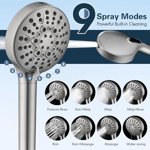 BRIGHT SHOWERS Filtered Shower Head with Handheld, High Pressure 9 Spray Mode Showerhead with Long Hose and Bracket, Water Softener Filters Beads for Hard Water - Removes Chlorine, Brushed Nickel - Image 2