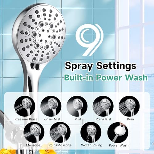 BRIGHT SHOWERS High Pressure Shower Head with Handheld, 9 Spray Settings Showerhead Built in Power Wash to Clean Tub and Pets, Extra Long 69" Hose, Adjustable Bracket, Chrome - Image 2