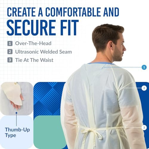 Medtecs Disposable Isolation Gowns - AAMI Level 2 SMMS 25 GSM - 10/100 PC - Thumb-Up, Fluid Resistant Durable Comfortable PPE - CoverU Series, Unisex Adult | Yellow, 100 PC - Image 2