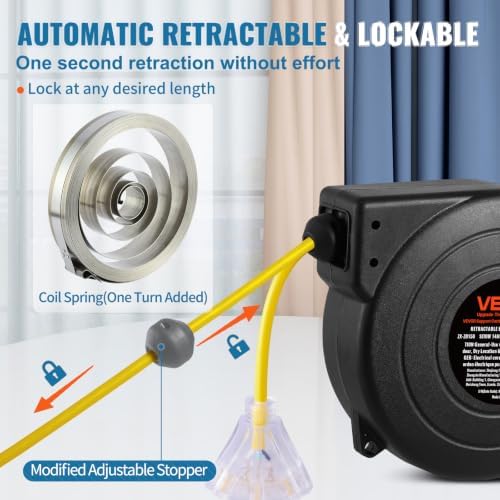 VEVOR Retractable Extension Cord Reel, 50 FT, Heavy Duty 14AWG/3C SJTOW Extension Power Cord with Lighted Triple Tap Outlet, 13A Circuit Breaker 180° Swivel Bracket for Ceiling or Wall Mount, Yellow - Image 3