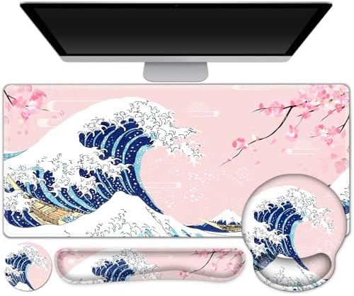 Gaming Mouse Pad, Large Desk Mat, Cute Desk Pad Protector, Pink Cherry Blossoms XXL Mousepad + Keyboard Wrist Rest+Mouse Wrist Rest+Coaster Set with Ergonomic Desk Pad, Japanese Wave of Kanagawa by ToLuLu
