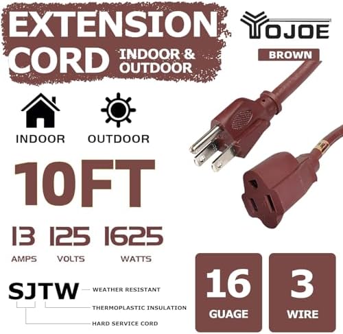 YOJOE Indoor Outdoor Extension Cord, 3 Prong 13A Weatherproof Power Cord, 16 Gauge Heavy Duty 10 ft Brown Extension Cord for Garage, Garden and Home, 16/3 SJTW UL Certified - Image 2