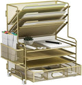 MINDEPOT 4-Tier Paper Organizer + 3-Pocket File Holder + Drawer + Pen Holders, Desktop File Organizers Paper Tray for Office Supplies School Classroom Organization (Gold, with Drawer & Pen Holder) by MINDEPOT