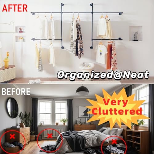 Industrial Pipe Clothing Rack, Wall Mounted Clothes Rack, Hanging Rod - Image 3