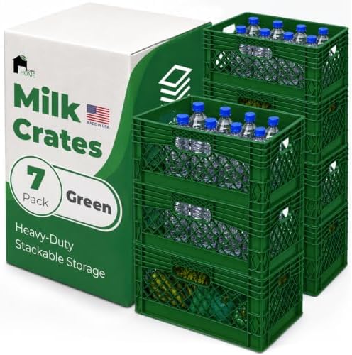 EconoHome Milk Crate - Stackable Storage Crate with Built-In Handles - Heavy Duty Plastic Material - Ventilated Organizer Bin for Garage, Pantry, Classroom, Office & Moving - Green, 19x13x11, 7-Pack by EconoHome
