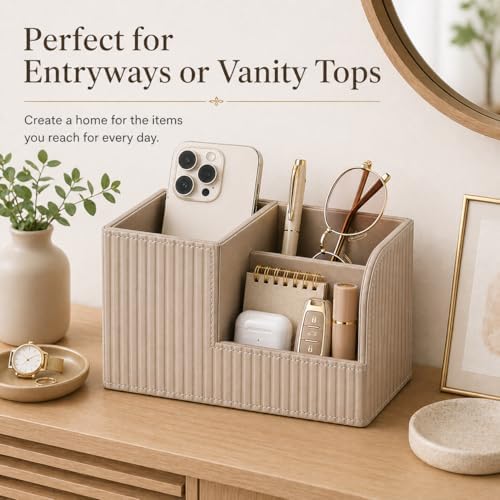 KINGFOM Desk Pen Organizer Office Supplies Caddy Pu Leather Multi-function Storage Box Pen/Pencil,Cell phone, Business Name Cards Remote Control Holder (Mocha Beige) - Image 2