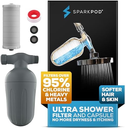 SparkPod Ultra Shower Filter - High Output Shower Head Water Filter & Cartridge - 150 Stage Equivalent, Remove Up to 95% of Chlorine & Heavy Metals for Soft Hair & Skin (Charcoal Grey) by SparkPod
