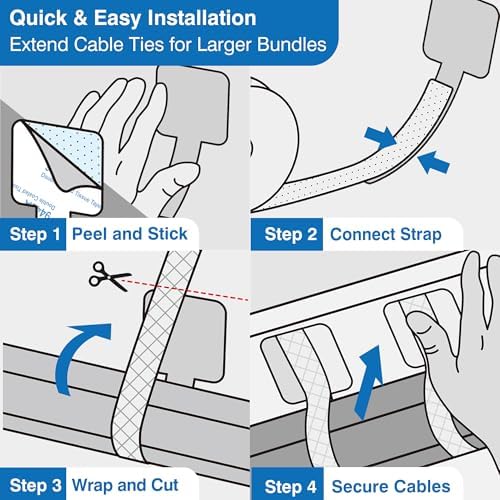 Cable Management Kit – 40 Self-Adhesive Hook & Loop Cable Ties with 2 Extension Straps, Strong Adhesive Cord Organizer for Desk, Wall, Home & Office, Adjustable Wire Holders, Grey & White - Image 6