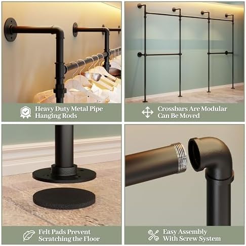 Industrial Pipe Garment Rack 106.3" L-Shaped Wall-Mounted Closet System - Image 5